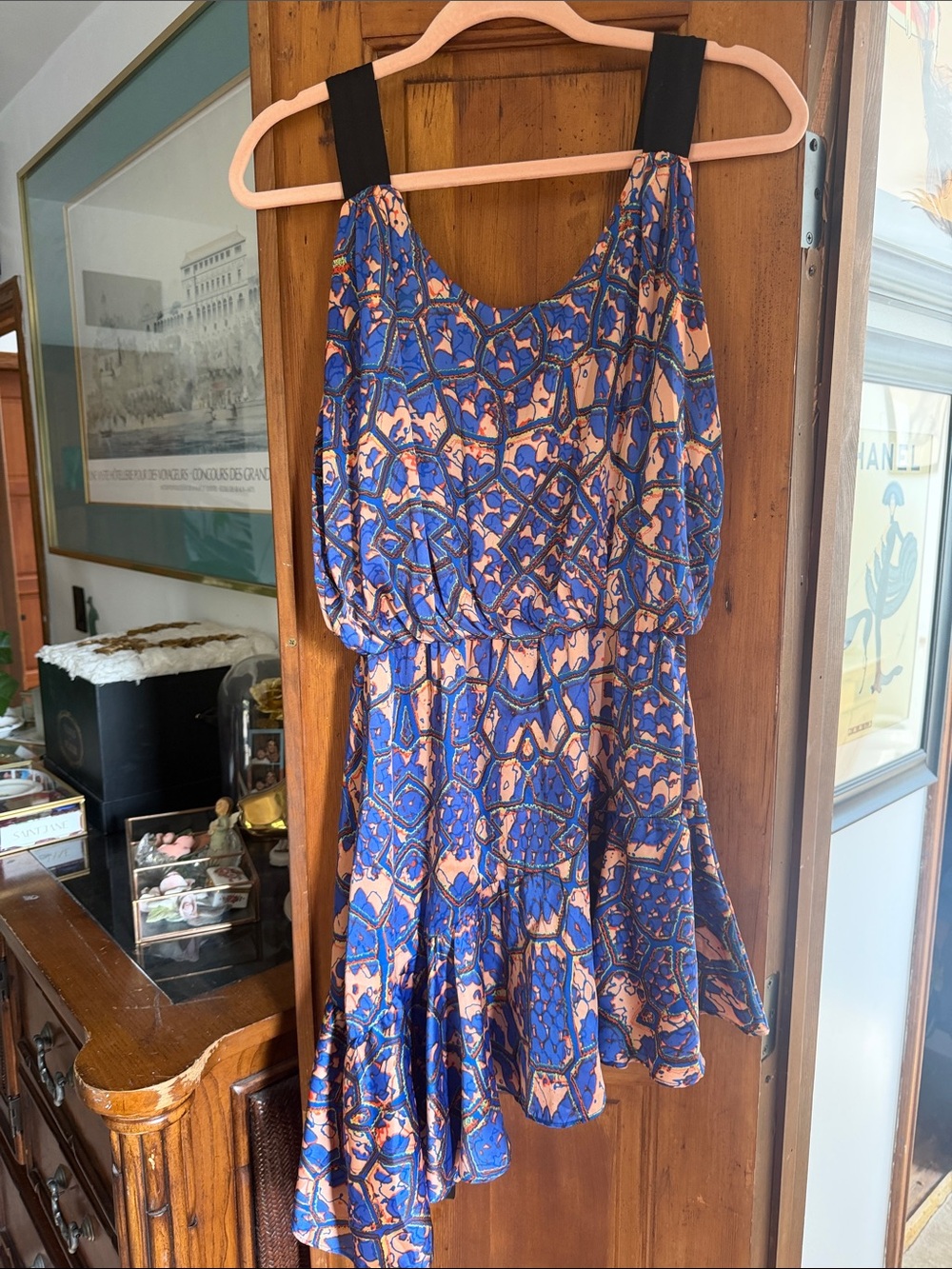 T-Bags Blue and Peach Printed Mini Dress with Black Straps
